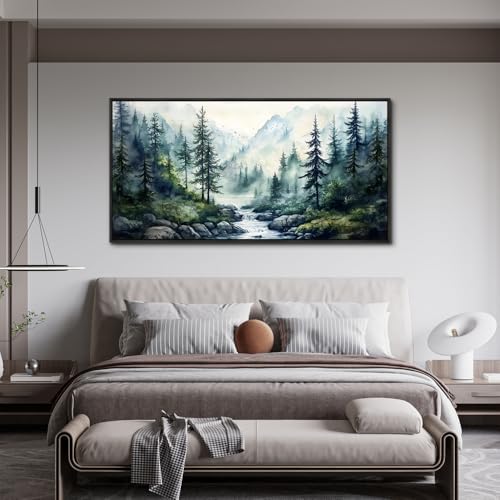Black Framed Canvas Wall Art For Living Room Large Wall Decor For Office Bedroom Decoration Misty Forest Picture Tree landscape Paintings Artwork Wall Mural Aesthetic Home Decor 30x60 In
