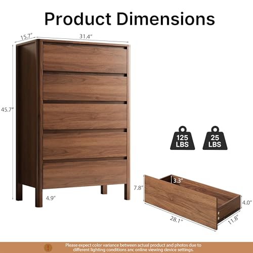 Walnut 5 Drawer Dresser for Bedroom