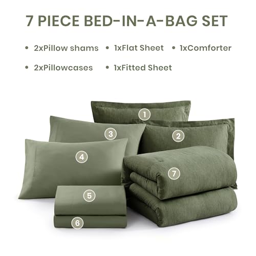 Oversized Queen Comforter Set Olive Green 7 Pieces Bed in a Bag