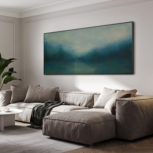 24"x46" Extra Large Framed Wall Art Misty Blue Landscape Abstract Ocean and Sky Illustration for Home Living Room Bedroom Decor
