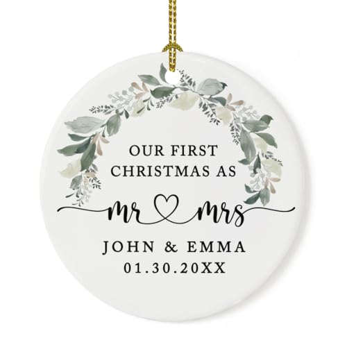 Personalized Our First Christmas As Mr. & Mrs. 2026 Christmas Ornaments Foliage Wreath 2.8" Round Porcelain Ceramic 1st Year Married Custom Ornament Keepsake for Newlyweds 1