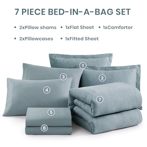 Queen Comforter Set 7 Pieces Dusty Blue Cationic Dyeing Bed in a Bag