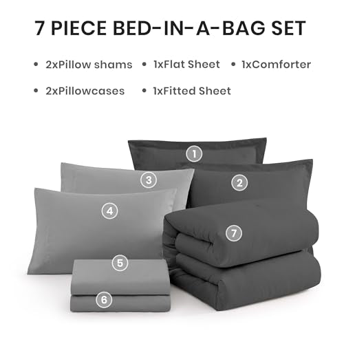 King Size Comforter Set 7 Pieces Dark Grey Bed in a Bag