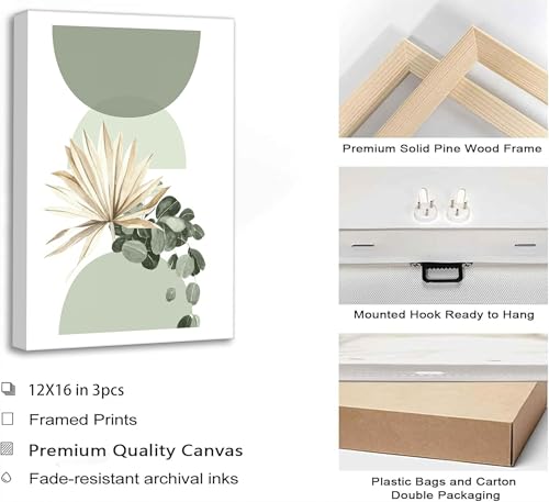 3 Pcs Neutral Abstract Sage Green Boho Canvas Wall Art 16x24in (3 Count)