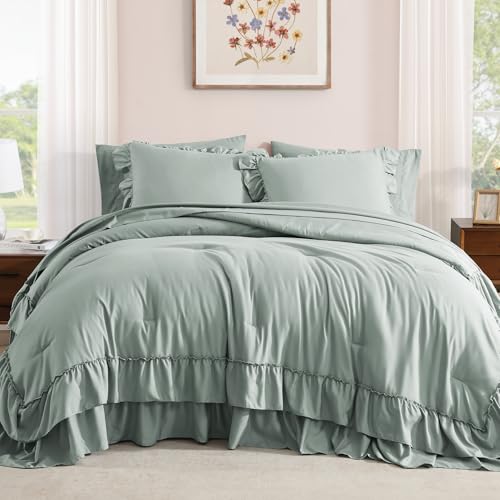 Queen Comforter Set Sage Green Ruffle 7 Pieces Farmhouse Bed in a Bag