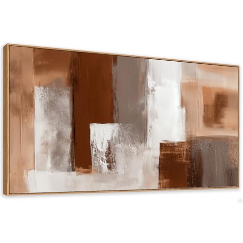 Large Abstract Wall Art 24x48 Inch Brown White Gray Framed Canvas Print Painting Modern Neutral Tone Artwork for Living Room Sofa Bedroom Waterproof & Fade Resistant Wood Frame Decor Ready to Hang