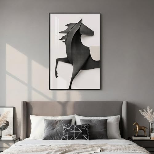 Large Framed Modern Black and White Horse Wall Art