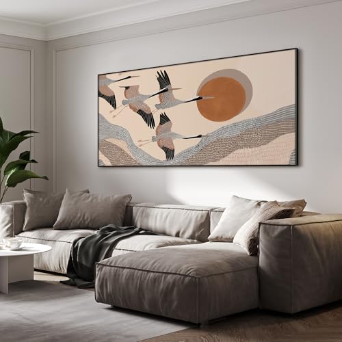 36"x72" Extra Large Framed Wall Art Flying Cranes Over Sunlit Hills Illustration for Home Living Room Bedroom