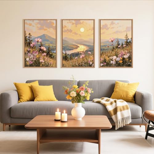 Large Boho Sunset Wildflower Framed Canvas Wall Art