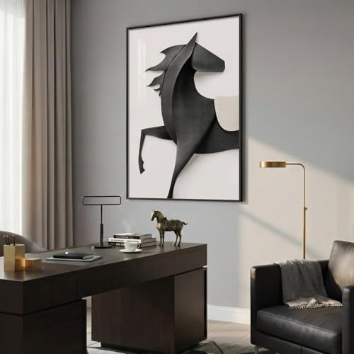 Large Framed Modern Black and White Horse Wall Art