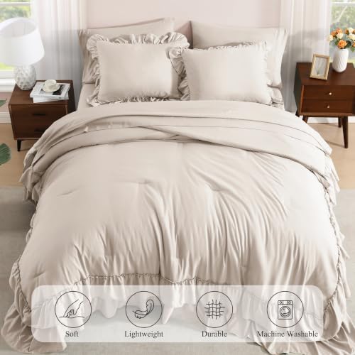 Full Size Comforter Set Beige Ruffle 7 Pieces Farmhouse Bed in a Bag