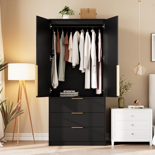 70" Wardrobe Armoire Wooden Closet with 3 Drawers