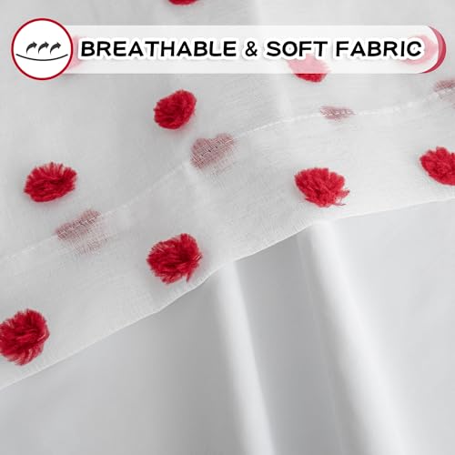 Blackout Curtains for Girls Bedroom with Red Pom Pom Sheer 90 Inch Long Total Light Blocking Curtains for Living Room 2 Panels 100% Room Darkening Grommet Double Layer Drapes 50" x 90"
