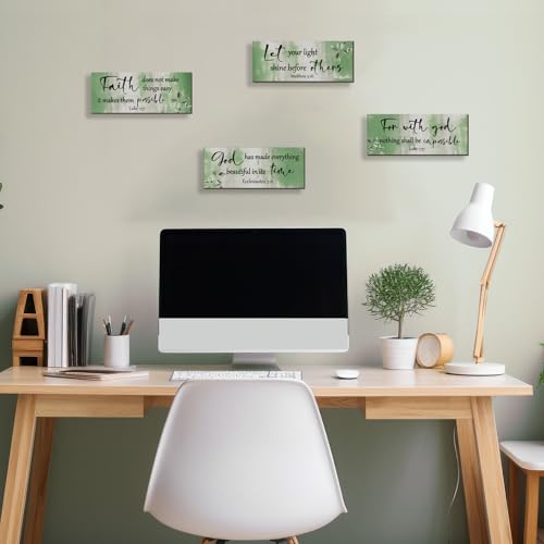 4 Pieces Green Bathroom Decor Bible Verses Wall Art Wooden Abstract Office Christian Wall Sign Religious Art for Women Office Home Bedroom Living Room (4 Count)