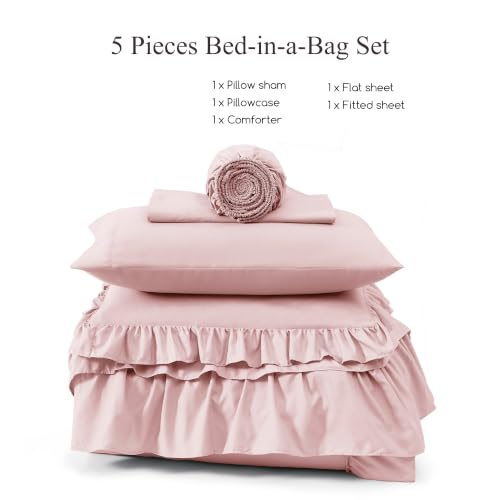 Twin XL Comforter Set Soft Pink Ruffle 5 Pieces Bed in a Bag for Dorm