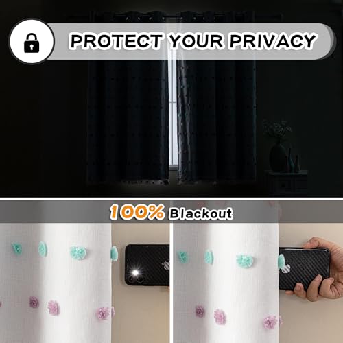Total Blackout Curtains for Kids Bedroom 80 Inch Long 100% Light Blocking Curtains for Living Room 2 Panels Room Darkening Grommet Double Layer Drapes with Rainbow Pom Pom Sheer 50W x 80L