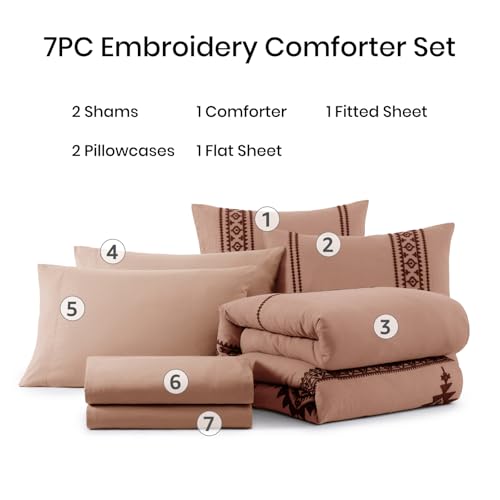 Embroidery Full Size Comforter Set 7 Pieces Dusty Pink Bed in a Bag
