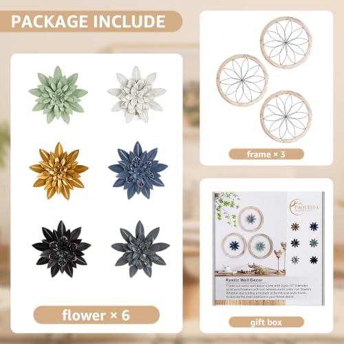 3 Piece Round Farmhouse Wall Decor with 6 Piece Interchangeable Flowers 15.75'' Medallion Wood & Metal Rustic Wall Art for Living Room Bedroom Kitchen Bathroom Dining Room Home Decorations