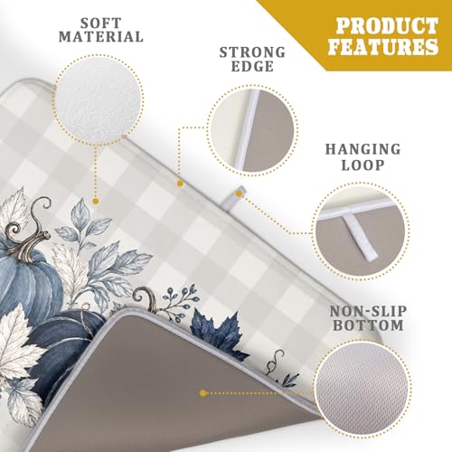 Fall Dish Drying Mat for Kitchen Counter Blue White Pumpkins Grey Plaid Super Absorbent Reversible Microfiber Kitchen Countertop Protector Dishes Pad Large 18x24 inch