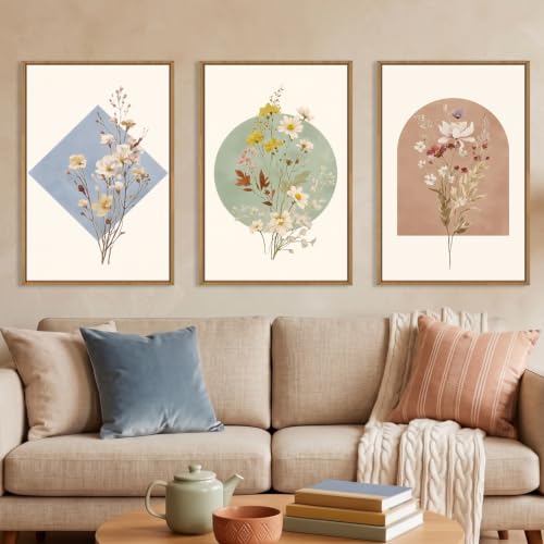 Boho Neutral Wildflower Framed Canvas Wall Art Set