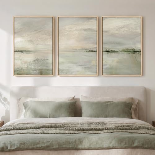 Framed Sage Green Abstract Landscape Wall Art for Bedroom (3 Count)
