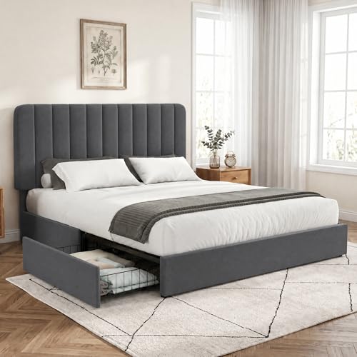 Full Size Upholstered Bed Frame with 4 Drawers and Headboard