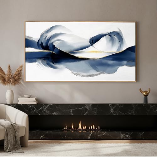 24x48 Inch Framed Abstract Blue Gold Mountain Canvas Wall Art Horizontal Navy Reflection Ink Landscape Wall Painting Modern Minimalist Textured Wall Decor for Living Room Bedroom