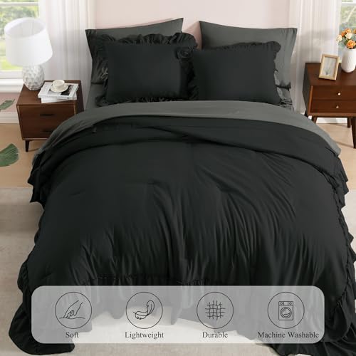 Full Size Comforter Set Black Ruffle 7 Pieces Farmhouse Bed in a Bag