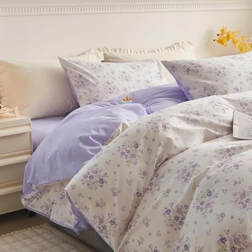 Vintage Floral Comforter Set Queen Purple Flower Bedding Comforter for Queen Bed Boho Garden Floral Botanical Comforter with 2 Pillowcases Farmhouse Bedding Girls Floral Comfy Comforter Set