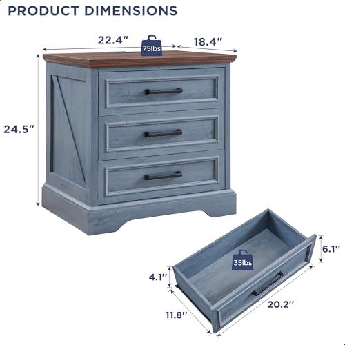 22" Farmhouse 3 Drawer Dresser for Bedroom