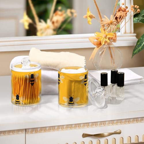 2 Pack Qtip Holder Organizer Dispenser Bees Yellow Pattern Bathroom Storage Canister Cotton Ball Holder Container for Cotton Pads (2 Count)