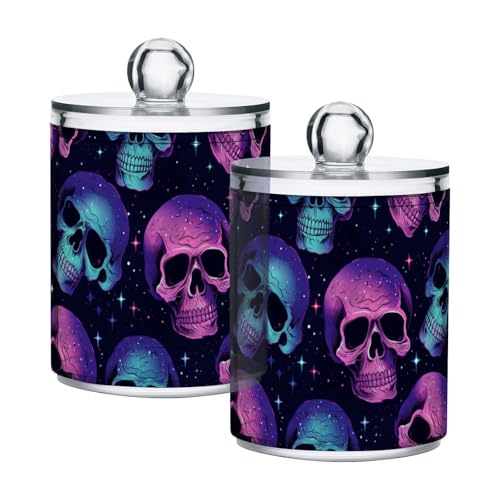 2 Pack Qtip Holder Organizer Dispenser Neon Skulls Bathroom Storage Canister Cotton Ball Holder Container for Cotton Pads (2 Count)