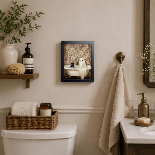 Funny Black Cat Bathroom Wall Art Framed Canvas Print