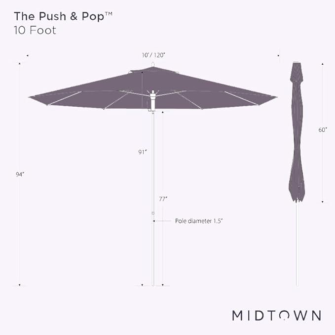 Midtown Umbrellas Push Pop Sunbrella Umbrella 10 Feet Large Outdoor Umbrella With Aruba Acrylic Fabric - Deck Patio Umbrella, Backyard Umbrella, Garden Umbrella & Pool Umbrella - Black Pole