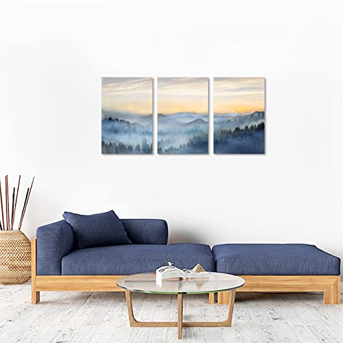 Wall Decor for Bedroom 3 Panel Sunrise Misty Forest Print Picture Paintings Wall Art for Living Room Bathroom Framed Canvas Artwork Modern Room Wall Decorations Size 16x24 x 3 Piece Ready to Hang (3 Count)