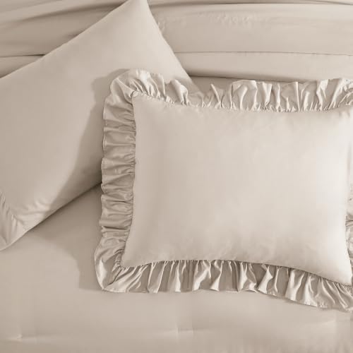 Full Size Comforter Set Beige Ruffle 7 Pieces Farmhouse Bed in a Bag
