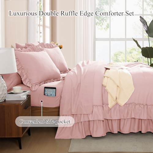 Full Size Comforter Set Soft Pink Ruffle 7 Pieces Farmhouse Bed in a Bag