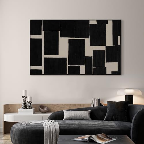 30"x60" Extra Large Framed Wall Art Modern Abstract Black and Beige Geometric Blocks for Home Living Room Bedroom Decor