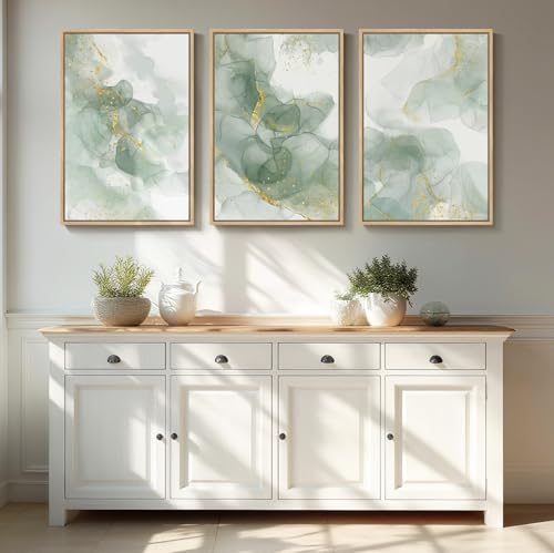 Large Framed Sage Green Gold Abstract Wall Art (3 Count)