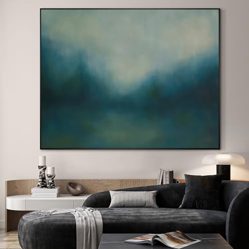 36"x46" Extra Large Framed Wall Art Misty Blue Landscape Abstract Ocean and Sky Illustration for Home Living Room Bedroom Decor