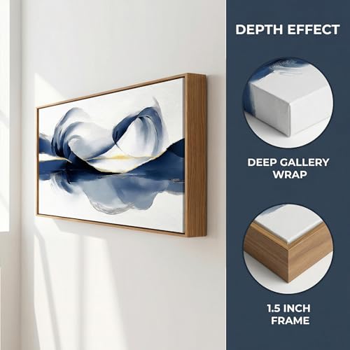 24x48 Inch Framed Abstract Blue Gold Mountain Canvas Wall Art Horizontal Navy Reflection Ink Landscape Wall Painting Modern Minimalist Textured Wall Decor for Living Room Bedroom