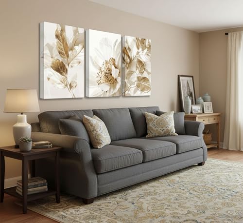 3 Pcs Modern White Gold Floral Leaves Canvas Wall Art 12x16in (3 Count)