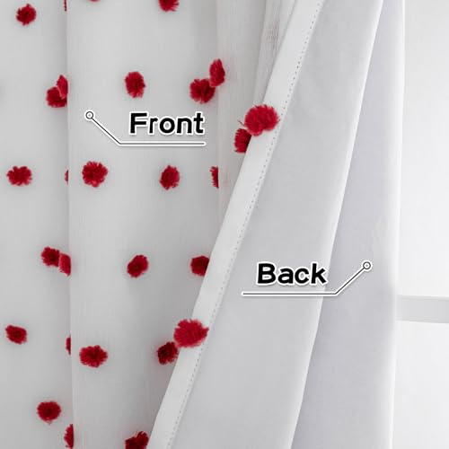 Blackout Curtains for Girls Bedroom with Red Pom Pom Sheer 90 Inch Long Total Light Blocking Curtains for Living Room 2 Panels 100% Room Darkening Grommet Double Layer Drapes 50" x 90"