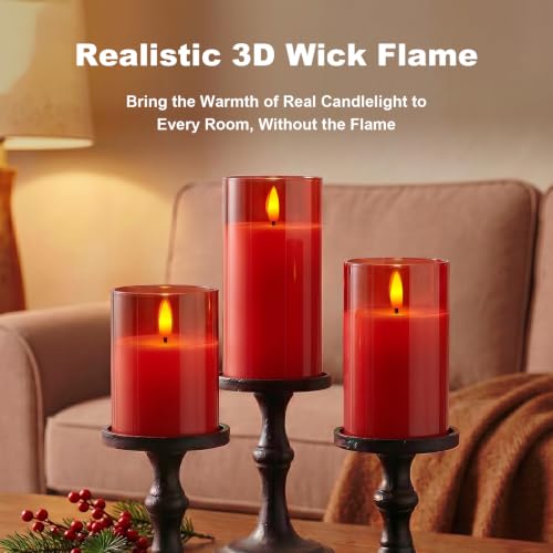 Red Glass Flameless LED Candles Battery Operated with Remote Timer (3 Count)