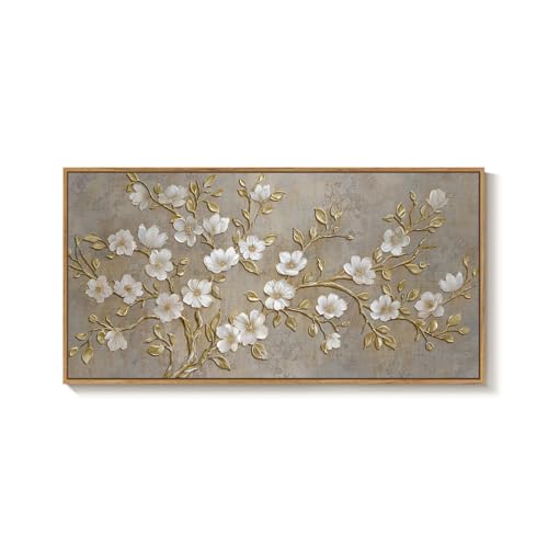 Large Framed Neutral Floral Wall Art for Living Room