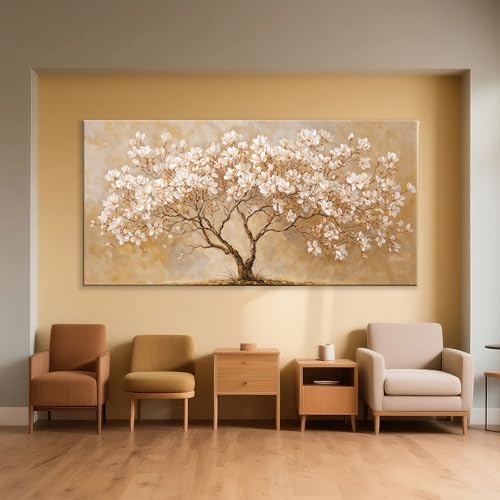 Oversized Canvas Wall Art Decor Beige Magnolia Tree of Life Canvas Art Wall Decor For Living Room Modern Tree Nature Canvas Prints White Flower Wall Art Decor For Bedroom Home Office Decor 29"×58"