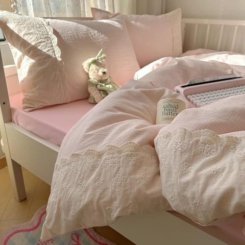 Pink Gingham Comforter Set Full Size Soft Fluffy Romantic Lace Bedding Set Cottagecore Cute Plaid Checkered Comforter Set 3 Pieces Pink Grid Farmhouse Bedding Comforter with 2 Pillowcases