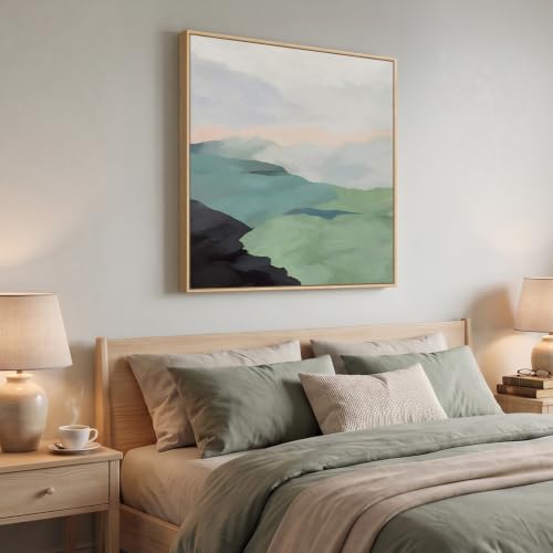 Large Framed Modern Neutral Green Abstract Landscape Wall Art