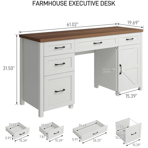 Farmhouse 61'' Executive Desk with 5 Drawers