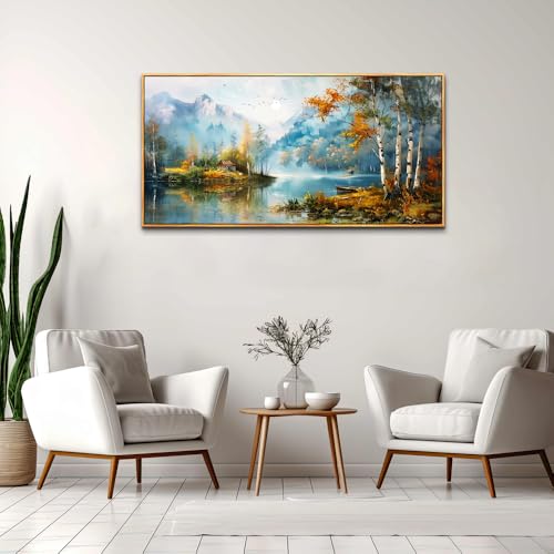 Large Wood Framed Wall Decor For Living Room Canvas Wall Art For Office Modern Wall Decorations For Bedroom Lake View Painting Tree Forest Pictures Artwork Room Home Decor 24x48 In